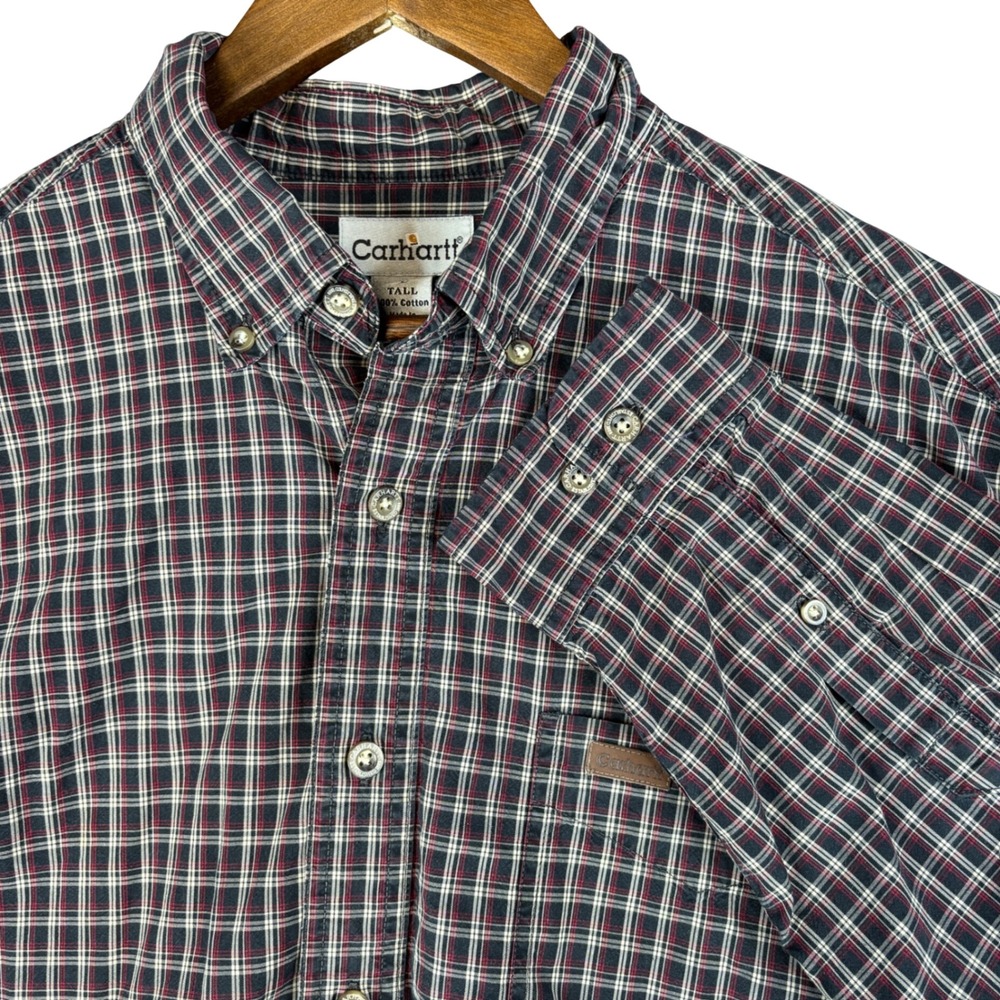 Carhartt Men Large Tall Plaid Button Down Shirt Navy Red Long Sleeve Fall Grunge